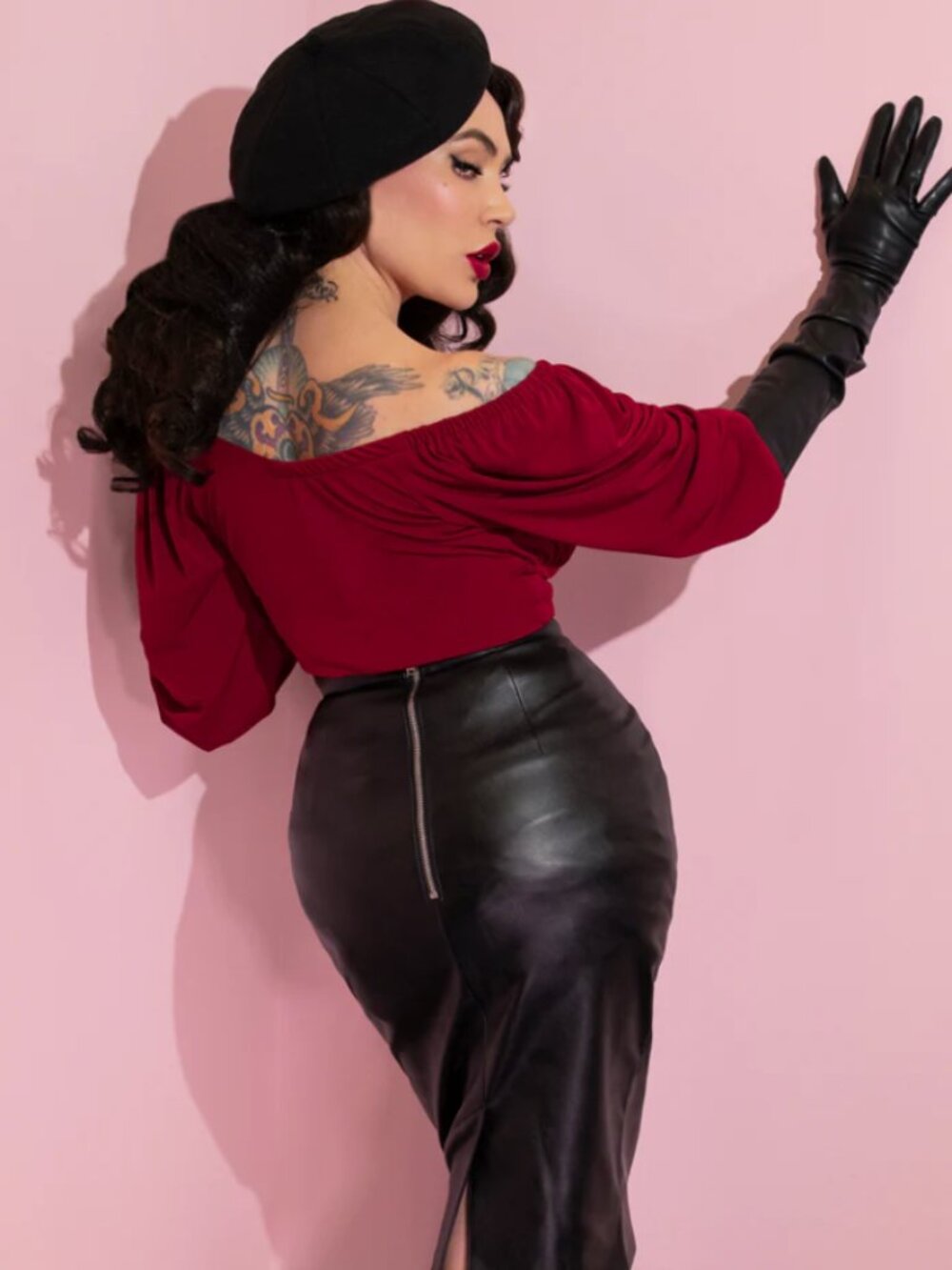 Vixen by Micheline Pitt Vacation Blouse in Dark Red Rose Ruched Peasant Top - Picture 2 of 8